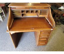 OAK FRAMED TAMBOUR FRONTED DESK WITH SINGLE PEDESTAL FITTED WITH FOUR DRAWERS