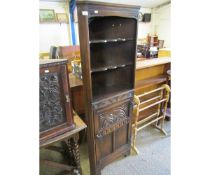 OLD CHARM CORNER CUPBOARD WITH TWO FIXED SHELVES AND CARVED PANEL CUPBOARD DOOR