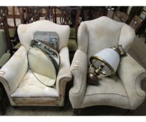 TWO 19TH CENTURY UPHOLSTERED ARMCHAIRS (A/F)