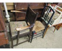 EBONISED RATTAN SEATED BEDROOM CHAIR TOGETHER WITH AN OAK FRAMED PANEL BACK ARMCHAIR