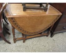 OAK FRAMED GATE LEG DROP LEAF TABLE WITH CARVED FLORAL EDGE