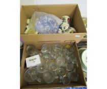 TWO BOXES OF MIXED PINT GLASSES, STORAGE JARS ETC (2)
