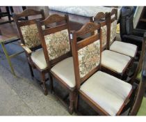 SET OF FIVE OAK FRAMED DINING CHAIRS WITH CREAM UPHOLSTERED SEATS AND FLORAL UPHOLSTERED BACK