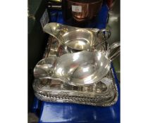 TWO SILVER PLATED GRAVY BOATS TOGETHER WITH SILVER PLATED ENTR E DISH ETC