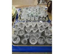 TWO TRAYS OF MIXED CUT GLASS WINE GLASSES, BEAKERS, BRANDY BALLOONS ETC