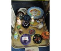 TRAY CONTAINING ROYAL DOULTON BUNNIKINS FIGURES, ASSORTED PAPER WEIGHTS, COLLECTORS PLATES "THE