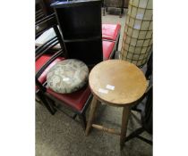 BEECHWOOD CIRCULAR TOP STOOL, A FURTHER UPHOLSTERED SQUAT STOOL AND A PINE TABLE TOP OPEN SHELF