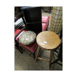 BEECHWOOD CIRCULAR TOP STOOL, A FURTHER UPHOLSTERED SQUAT STOOL AND A PINE TABLE TOP OPEN SHELF