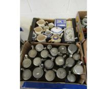 TWO BOXES OF REPRODUCTION PEWTER LIDDED BEER STEINS, ROYAL COMMEMORATIVE JUGS, TEA POTS ETC (2)