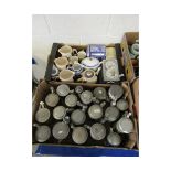 TWO BOXES OF REPRODUCTION PEWTER LIDDED BEER STEINS, ROYAL COMMEMORATIVE JUGS, TEA POTS ETC (2)