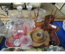 TRAY CONTAINING MIXED GLASS WARES, DECANTERS, CARVED TREEN BOWL ETC