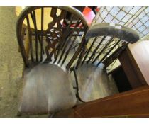 19TH CENTURY ELM STICK BACK KITCHEN CHAIR TOGETHER WITH A FURTHER HARD SEATED STICK BACK WHEEL