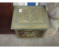 PRESSED BRASS COAL BOX WITH SLOPED TOP, A TWISTED BRASS CANDLESTICK, MORTAR, SHOE HORN ETC