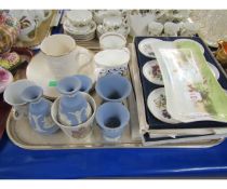 TRAY CONTAINING ROYAL COMMEMORATIVE MUGS, WEDGWOOD BLUE JASPER WARES, LINDON FLORAL PRINTED DISHES