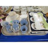 TRAY CONTAINING ROYAL COMMEMORATIVE MUGS, WEDGWOOD BLUE JASPER WARES, LINDON FLORAL PRINTED DISHES