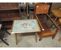 OAK FRAMED EMBROIDERED TOP TABLE TOGETHER WITH A TEAK FRAMED GLASS TOP COFFEE TABLE AND A FURTHER