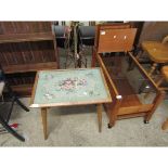 OAK FRAMED EMBROIDERED TOP TABLE TOGETHER WITH A TEAK FRAMED GLASS TOP COFFEE TABLE AND A FURTHER