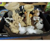 BOX CONTAINING MIXED ORNAMENTS, RESIN CENTREPIECE, ANIMAL ORNAMENTS ETC AND TWO PENGUIN FORMED