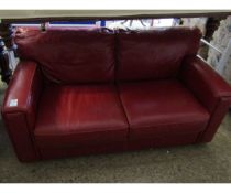 RED LEATHERETTE UPHOLSTERED TWO-SEATER SOFA WITH STITCHED DETAIL (A/F)