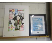 UNFRAMED AND MOUNTED PRINT ENTITLED "PAPST" TOGETHER WITH A FURTHER "THE SUN BURSTS SUNDAY EDITION