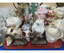 TRAY CONTAINING MIXED GINGER JAR, HORSE ORNAMENTS, REPRODUCTION STAFFORDSHIRE FIGURE ETC