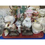 TRAY CONTAINING MIXED GINGER JAR, HORSE ORNAMENTS, REPRODUCTION STAFFORDSHIRE FIGURE ETC