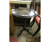 EBONISED CIRCULAR WINE TABLE ON TRIPOD BASE WITH INLAID CENTRE PANEL