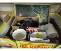 BOX CONTAINING MIXED BALLET DANCERS, CROWNS, COSTUME JEWELLERY, COPPER LEAF FORMED DISH AND