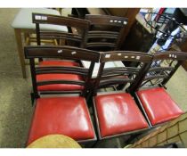 SET OF FIVE GEORGIAN MAHOGANY BAR BACK DINING CHAIRS WITH RED LEATHER DROP IN SEATS WITH TAPERING