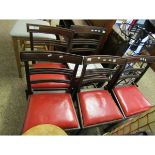 SET OF FIVE GEORGIAN MAHOGANY BAR BACK DINING CHAIRS WITH RED LEATHER DROP IN SEATS WITH TAPERING