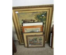 GROUP CONTAINING MIXED PRINTS, MAPLE FRAMED PRINTS, SILK EMBROIDERED PICTURE OF TWO FIGURES AT A