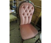 LATE 19TH CENTURY MAHOGANY NURSING CHAIR, UPHOLSTERED IN PINK BUTTON BACK