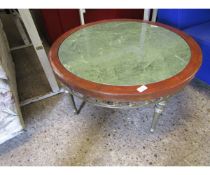 CIRCULAR METAL BASED COFFEE TABLE WITH MARBLED TOP AND TEAK SURROUND