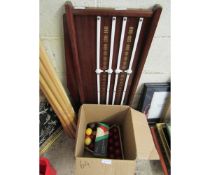 TEAK FRAMED SNOOKER SCOREBOARD, ASSORTED SNOOKER CUES AND RESTS TOGETHER WITH MIXED BALLS