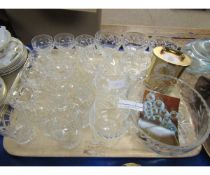 TRAY CONTAINING MIXED GLASS WARES TOGETHER WITH A REPRODUCTION BRASS CLOCK