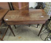 19TH CENTURY MAHOGANY FOLD OVER CARD TABLE WITH GREEN BAIZE LINED INTERIOR ON TAPERING SQUARE LEGS