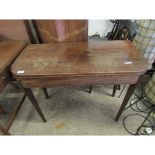 19TH CENTURY MAHOGANY FOLD OVER CARD TABLE WITH GREEN BAIZE LINED INTERIOR ON TAPERING SQUARE LEGS