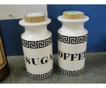 PAIR OF PORTMEIRION GREEK KEY PATTERN CONTAINERS, BOTH WITH CORK TOPS, ONE FOR SUGAR, THE OTHER