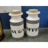 PAIR OF PORTMEIRION GREEK KEY PATTERN CONTAINERS, BOTH WITH CORK TOPS, ONE FOR SUGAR, THE OTHER