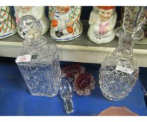 TWO CLEAR GLASS DECANTERS TOGETHER WITH TWO CRANBERRY GLASS SALT CELLARS (4)