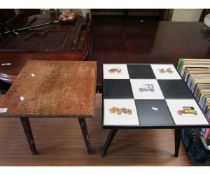 SQUARE OAK TOP FRAMED COFFEE TABLE TOGETHER WITH A FURTHER TILE TOP AND EBONISED COFFEE TABLE WITH
