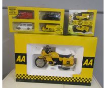 Collection of three boxed AA commemorative die-cast sets comprising motorbikes, vintage vans and