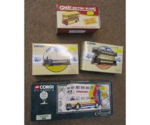 Collection of various boxed Corgi die-cast models of vintage buses and trams including Corgi