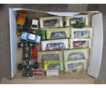 Box of various die-cast including boxed models of Yesteryear, large Corgi, JPS Formula 1 car etc