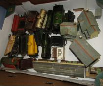 Box: containing quantity of various Meccano, Hornby, rolling stock including goods wagons, clockwork