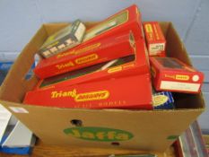 Box containing a large quantity of various Tri-ang Hornby etc, boxed part Motorail set by Tri-ang
