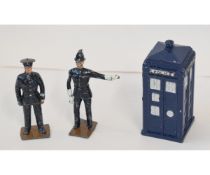 Die-cast Police Telephone Box (Dr Who style), height approx 6.5cm together with two painted cast