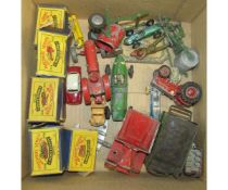 Box containing a quantity of various boxed and unboxed Matchbox die-cast including cars, tractors,