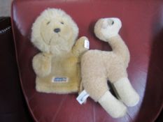 Chad Valley plush lion glove puppet together with a Merrythought figure of a camel