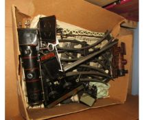 Box containing various tin plate 0 gauge rolling stock and track including two locos, one a/f,